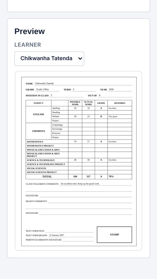 Primary report card preview